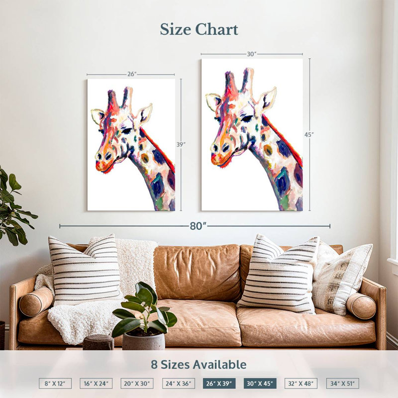 Brampt, girafe colorée sur fond blanc, H 39 po x l 26 po