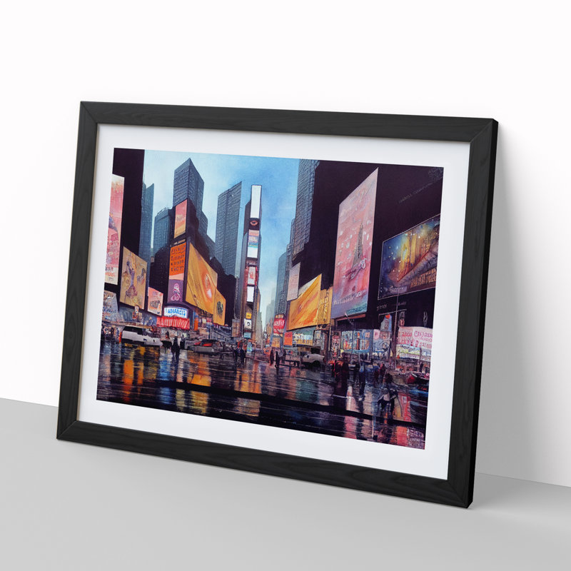 Times Square New York Watercolour Vol.1 - Single Picture Frame Print, Black Framed, 46cm H x 64cm W x 2cm D
