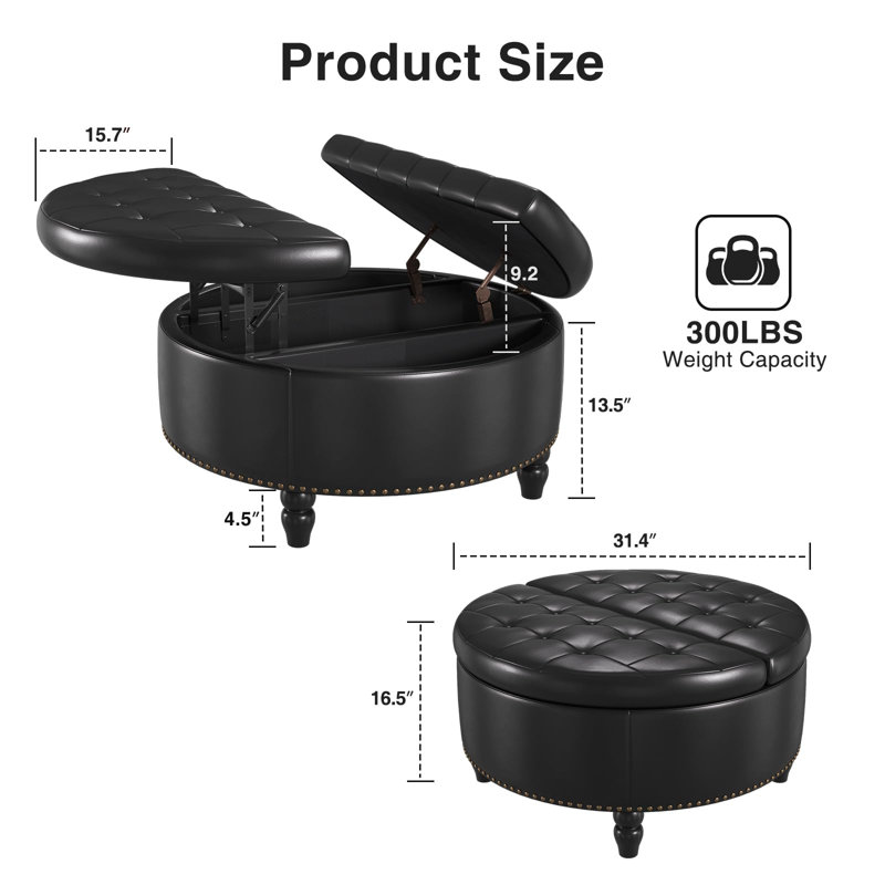 Repose-pieds rond avec rangement et plateau relevable, Noir