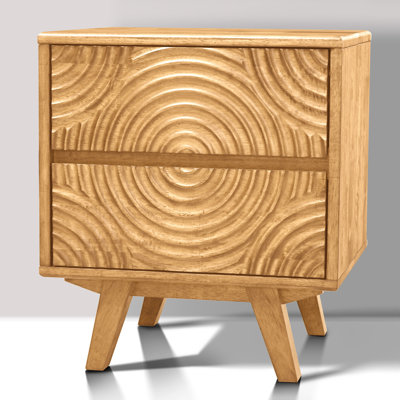 Harmony Solid Wood 2-Drawer Nightstand – Mid-Century Modern Bedside Table with Hand-Carved Wood Texture