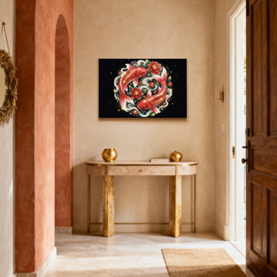 Koi Fish and Roses, reproduction d'art sur toile tendue sur toile, ensemble de 1