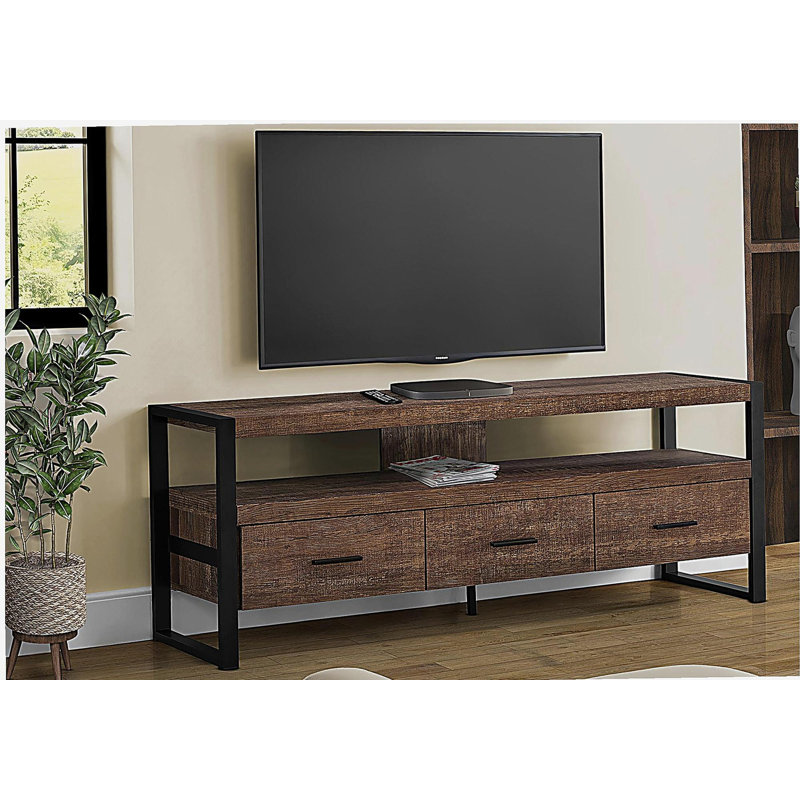 Meuble télé, console, centre multimédia, tiroirs de rangement, salon, chambre à coucher, mélamine brune, métal, Brun