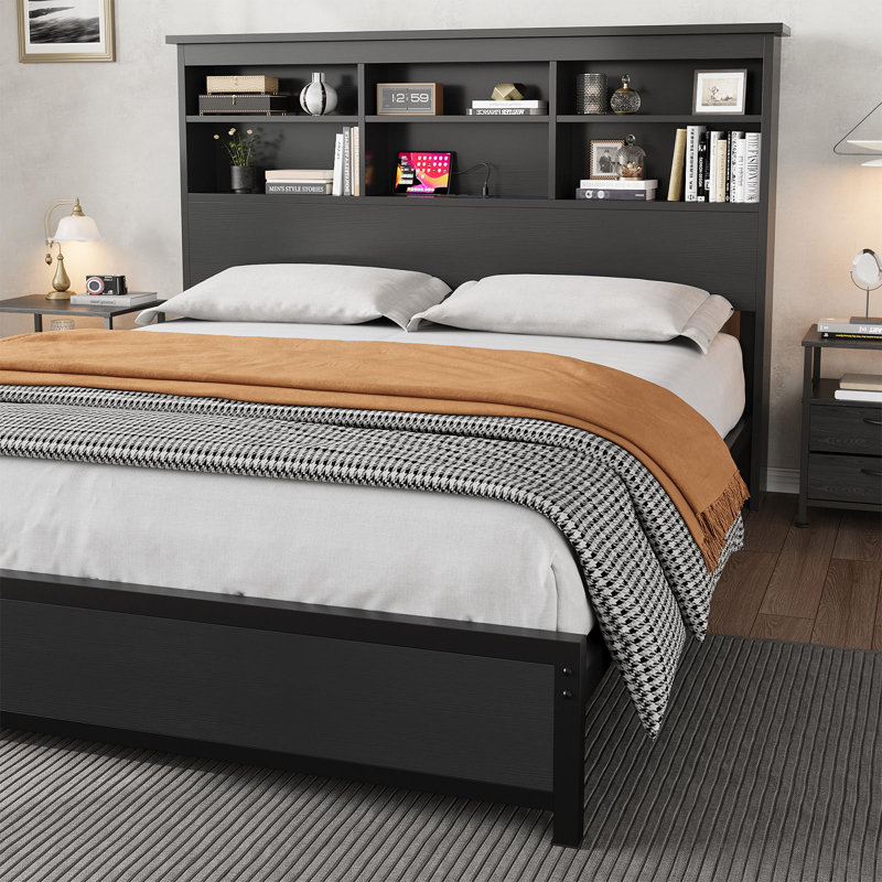 King Size Bed Frame with Bookcase Headboard, 2-Tier Storage, Charging Station, King