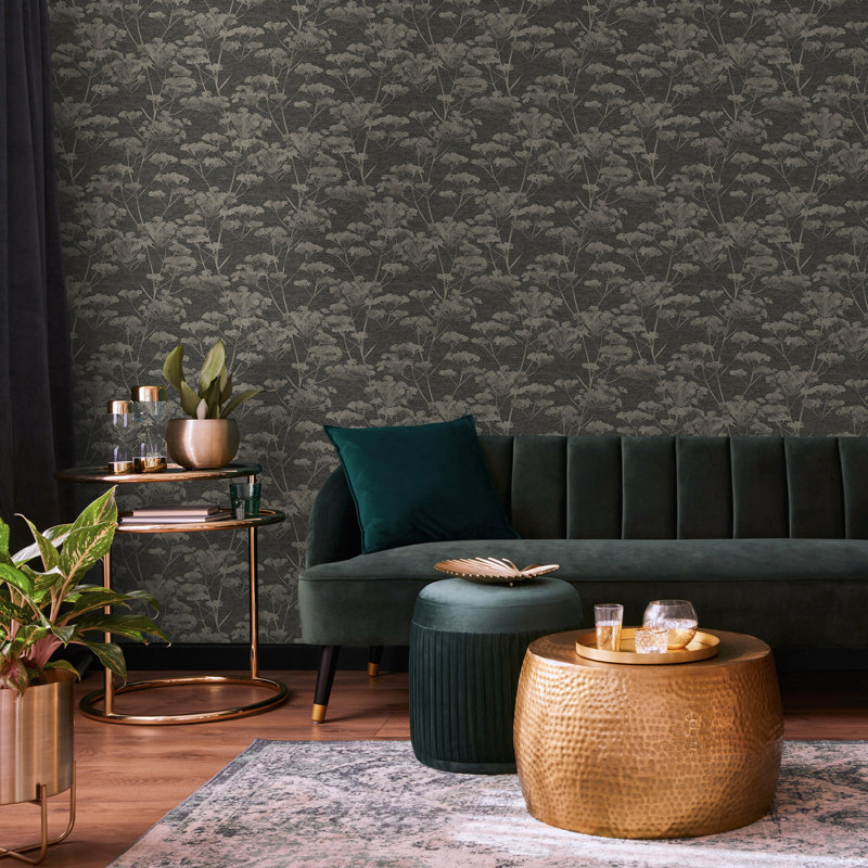 Floral Metallic Wallpaper Double Roll, Black/Gold