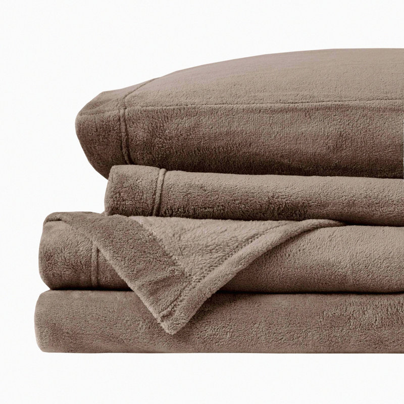 CozyFleece Warmth Bed Sheet Set - Soft Plush Sheets, Wrinkle Resistant, Deep Pocket, Cold Season Bedding, Queen Size, Brown - 4 Piece Set