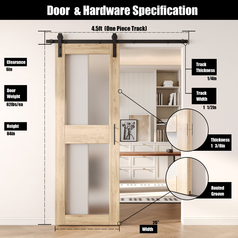 Porte de grange non assemblée et non assemblée en verre à 2 verres de 26 po x 84 po Homacer, 26 po x 84 po