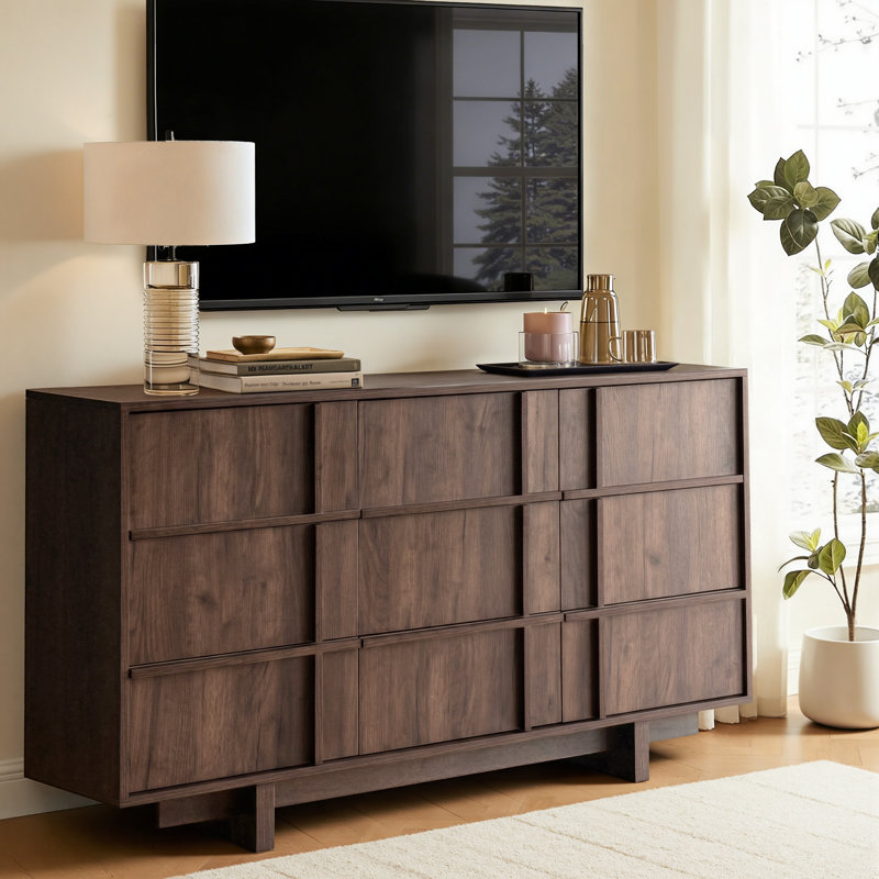 Commode 9 tiroirs, commode moderne Mid-Century avec rangement, commode de 55 po de largeur avec lignes squelettes et texture grain de bois, meuble télé minimaliste pour commode pour chambre à coucher, salon, noyer