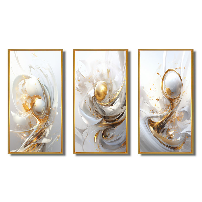 «Gold Sphere Fractal», 3 pièces sur toile, H 40 po x l 60 po, Cadre flottant doré