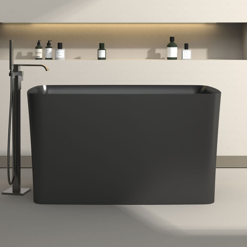 47" Freestanding Soaking Solid Surface Bathtub with Drain & Pipe, Matte Black