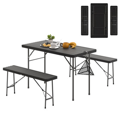 3 Pieces Dining Table Set, Picnic Table Bench Set, Outdoor Folding Camping Table With 2 Long Benches For Patio, BBQ, Party, Lawn, Garden
