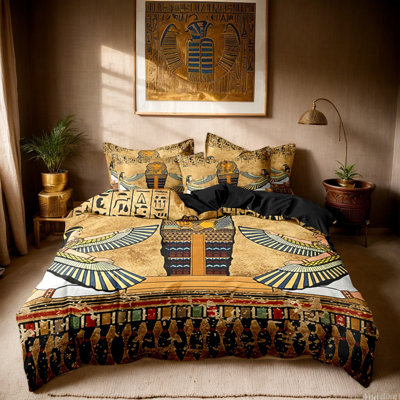 Ancient Egyptian Pharaoh Sarcophagus Duvet Cover Set with Winged Goddess Isis Hieroglyphs, Soft Microfiber Digital Print Bedding, Solid Black Reverse, 3 Piece Set, Twin/Full/Queen/King, No Comforter Insert or Pillow Fill Included