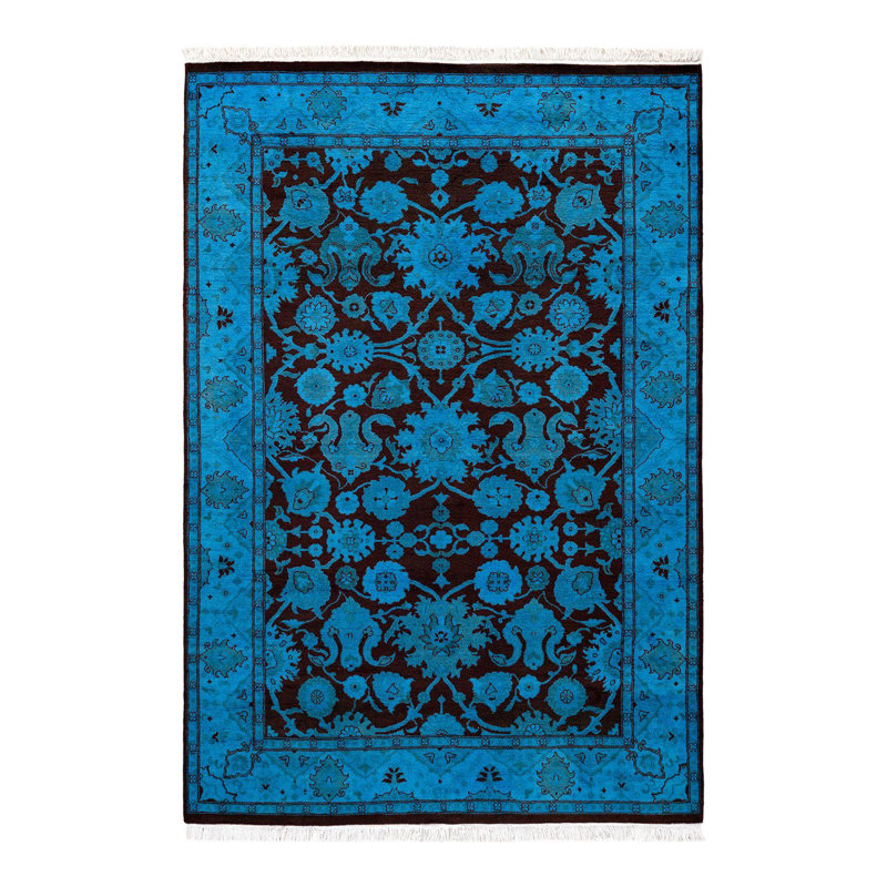 Tapis bleu noué à la main de conception unique Chimel