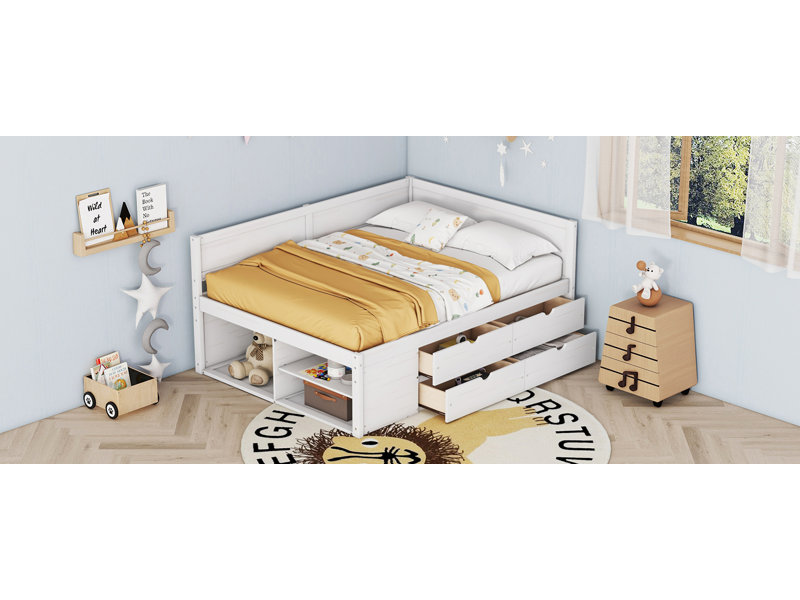 Lit de jour double avec tiroirs et tablettes, blanc