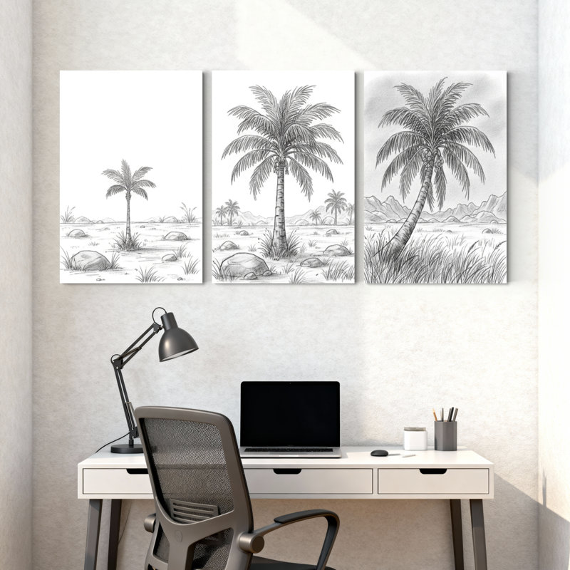 Palmiers, palmiers, paysage désertique, reflet, scène d'eau, ensemble de 3 impressions sur toile, H 30 po x l 60 po