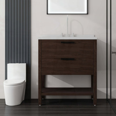 Meuble-lavabo autoportant avec lavabo, tiroir à fermeture amortie et comptoir en marbre synthétique blanc de Carrare de 5 cm avec dosseret, contreplaqué, brun