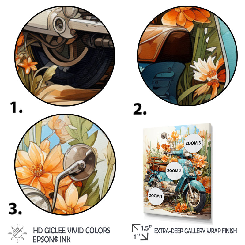 Turquoise Scooter Coastal Flowers - Scooter Canvas Art Print, H 32 po x l 24 po x P 1 po, Cadre naturel flottant