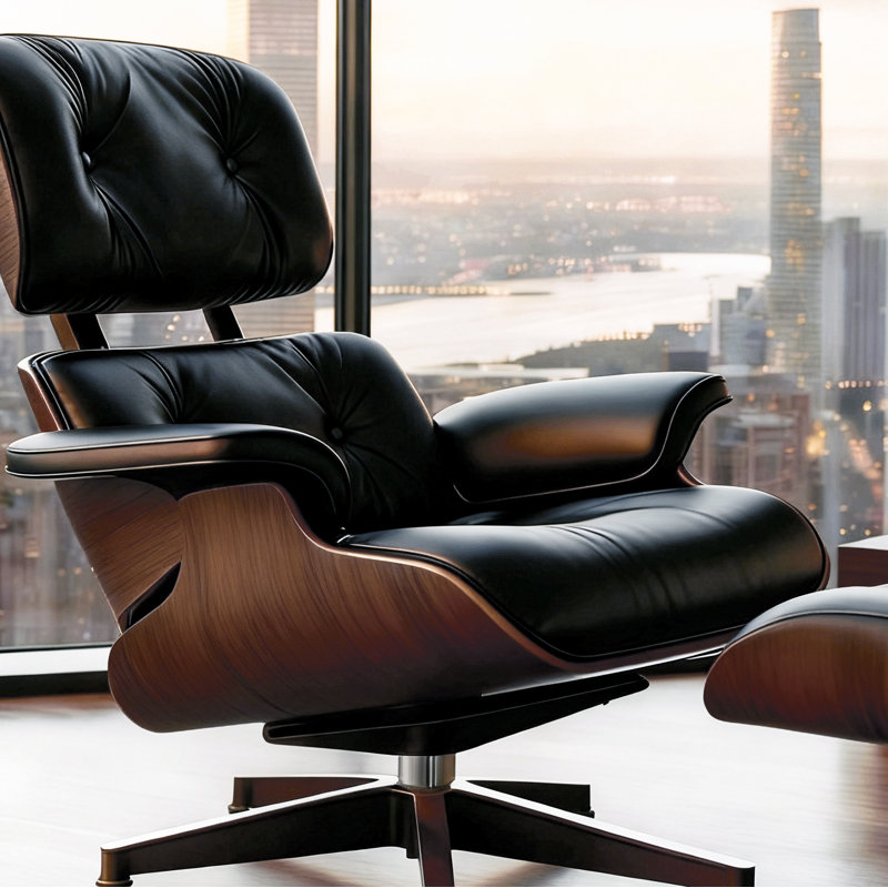 Genuine Leather Swivel Lounge Chair With Ottoman Accent Chair  For Modern Living, Black/Nautral Wood