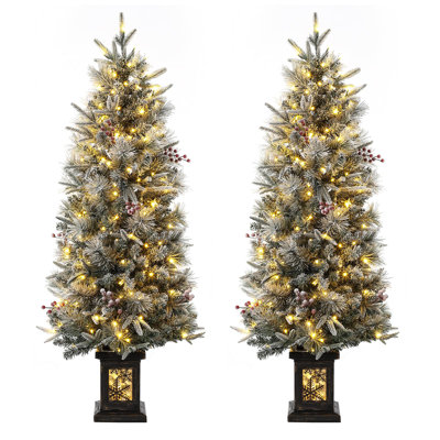 4.5 Ft Pre-Lit Artificial Christmas Tree with Light Box, Snow Flocked Potted Xmas Tree with 200 LED Lights and Red Berry Clusters