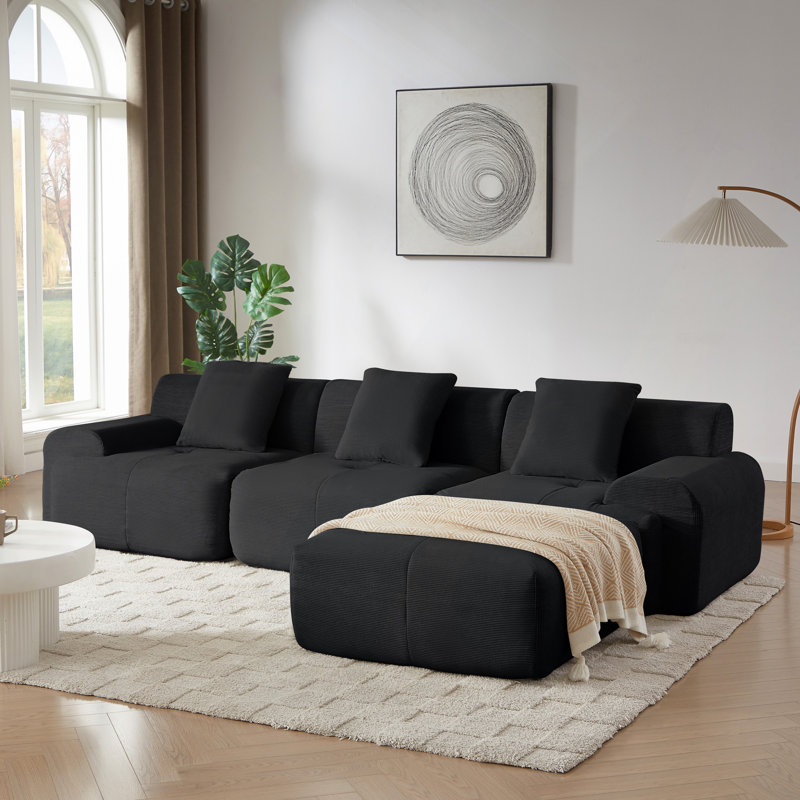 Canapé modulaire en L 113 po pour salon modulaire de 113 po, revêtement en velours côtelé noir, canapé 3 places surdimensionné avec assise profonde et repose-pieds mobile - sans assemblage