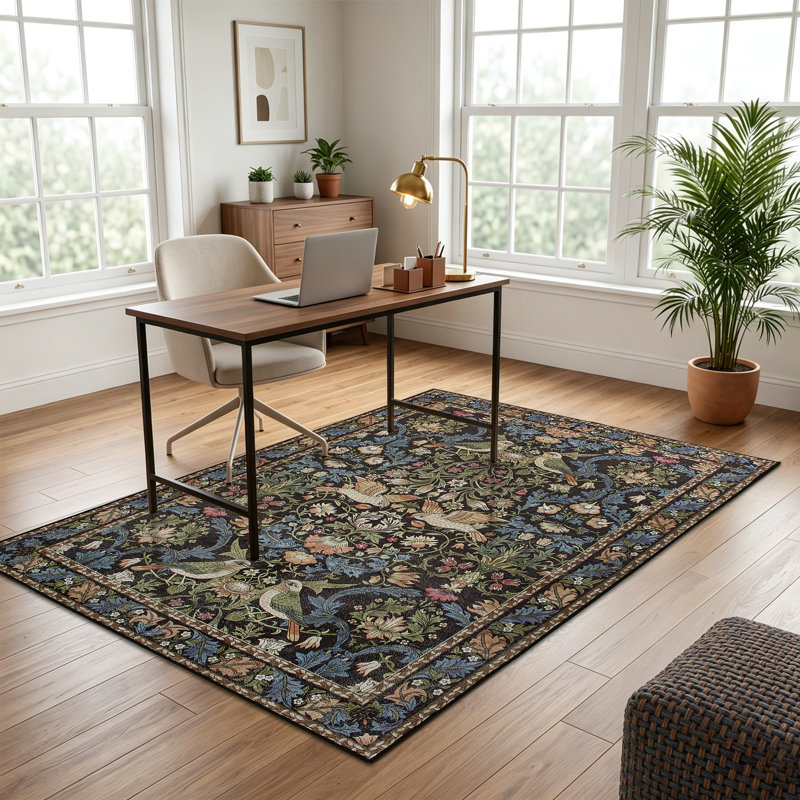 Flatweave Area Rug，Black retro floral rug, 120*170cm
