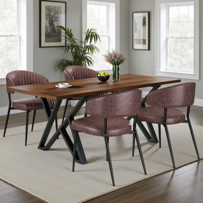 5-Piece Modern Dining Set - Faux Leather Chairs & Metal Base Table (Walnut Finish)