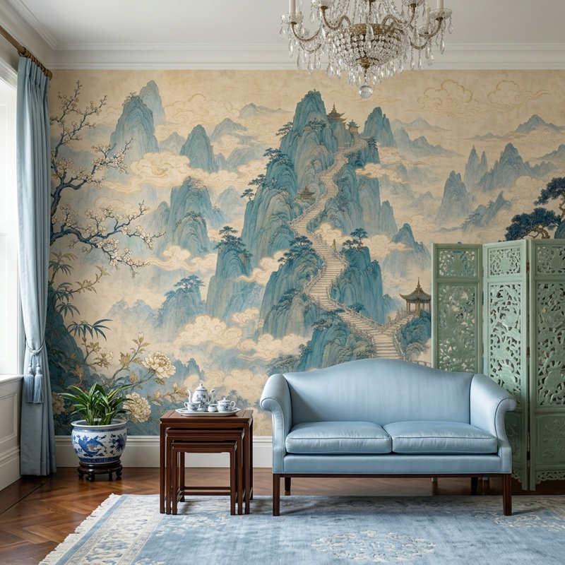 Papier peint paysage chinois Misty, 200"x120", Non tissé