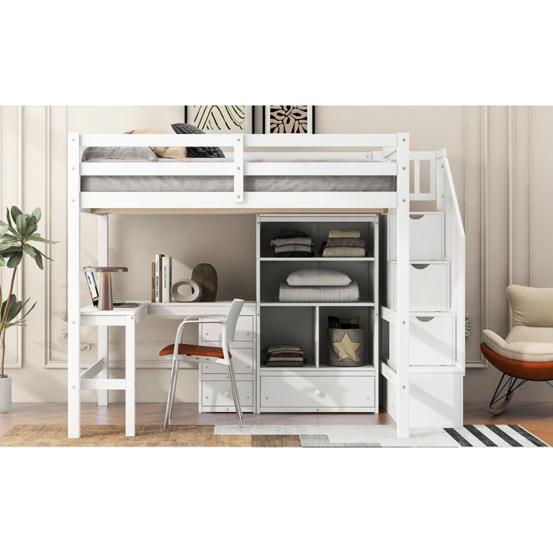 Lit mezzanine double blanc avec bureau en L, tiroirs pratiques, armoire et escalier de rangement soigné spacieux