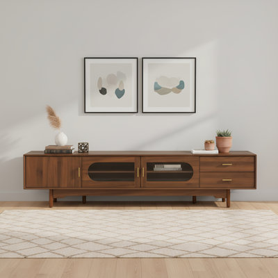 Meuble télé moderne 78 po pour téléviseur de 85 po ou moins, portes en verre cannelé, 2 tiroirs, gestion des câbles, pieds en bois massif, centre de divertissement pour le salon | Idée cadeau