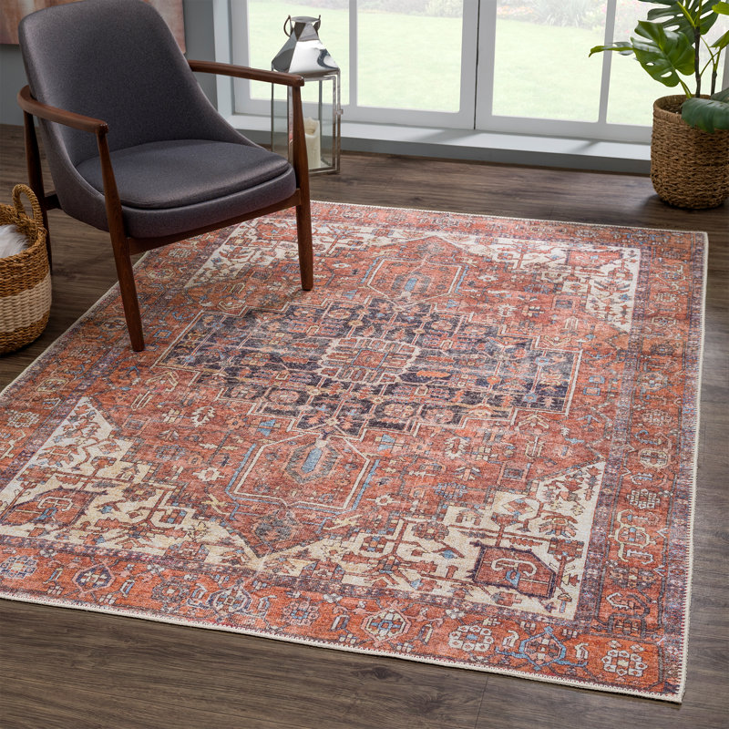 Washable Non-slip Traditional Area Rug - Red / Orange / Beige Rug for Entryway, Hallway, Bathroom, and Kitchen - Heffington