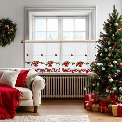 Christmas Golden Bell Decor Rod Pocket Kitchen Tier Curtains (Set of 2)