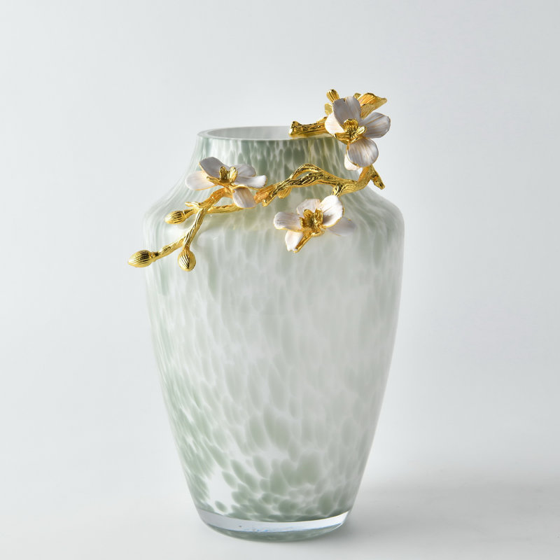 Pearl Blossom Vase With Gold Floral Branch, 11.02" H x 6.69" W x 7.87" D