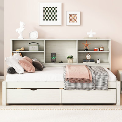 Lit de jour simple moderne blanc crème avec rangement latéral, tiroirs et tablettes de rangement à port
