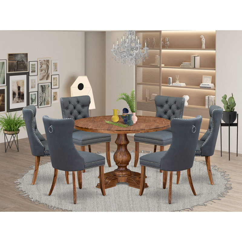 L'ensemble de table à manger moderne 7 pièces se compose d'une table de cuisine et de 6 chaises de salle à manger en tissu de polyester gris platine avec dossier capitonné - Finition noyer antique