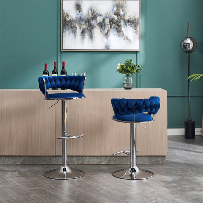 Set Of 2  Bar Stools,With Chrome Footrest And Base Swivel Height Adjustable Mechanical Lifting Velvet + Golden Leg Simple Bar Stool