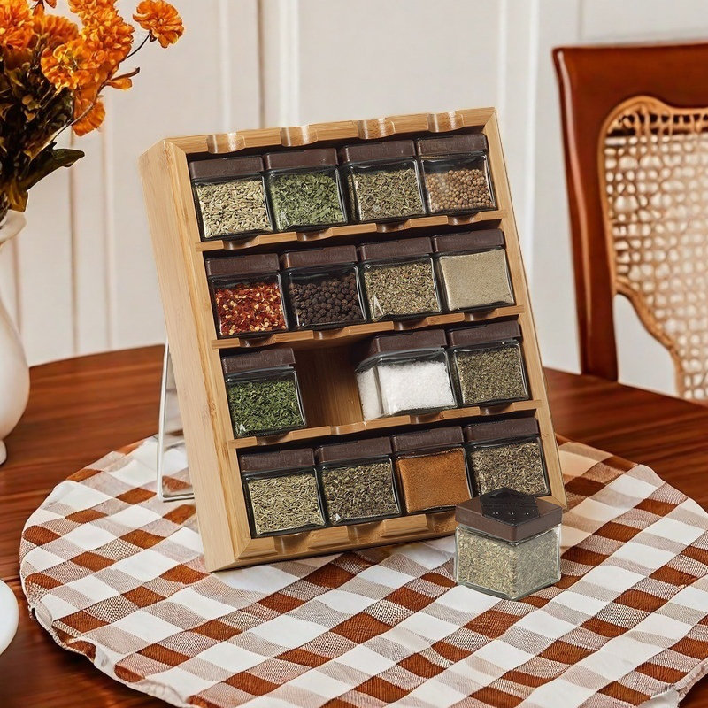 Bamboo 3-in-1 Spice Organizer for Countertop, Wall, and Drawer with 16 Spices Included