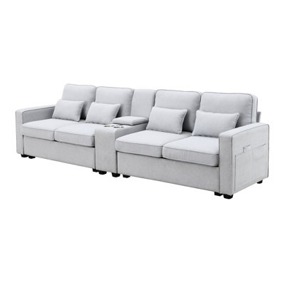 Living Room, Apartment With Console & 2 Cupholders. 114.2" Upholstered 4. Modern Linen Fabric, Solid Wood Frame, Comfortable Sponge Seat Fabric 4 Console, Cupholders Ports. Upholstered. High Seat, For