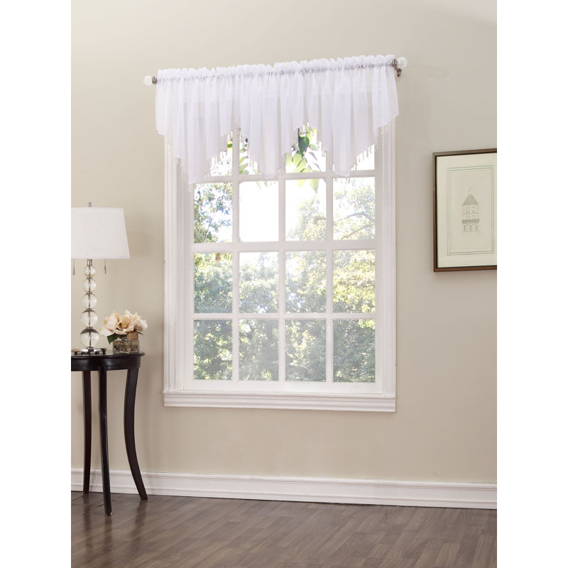 Mardis Beaded Tassels Crushed Sheer Voile Ascot Window Valance, White