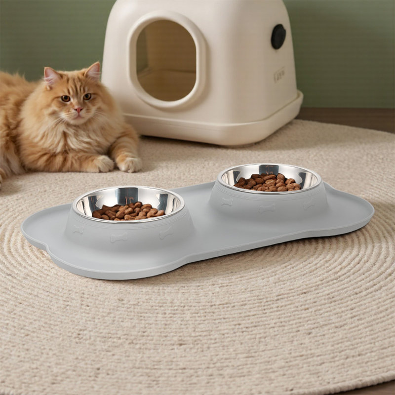 Double-bowl Pet Feeder with Non-slip Silicone Mat