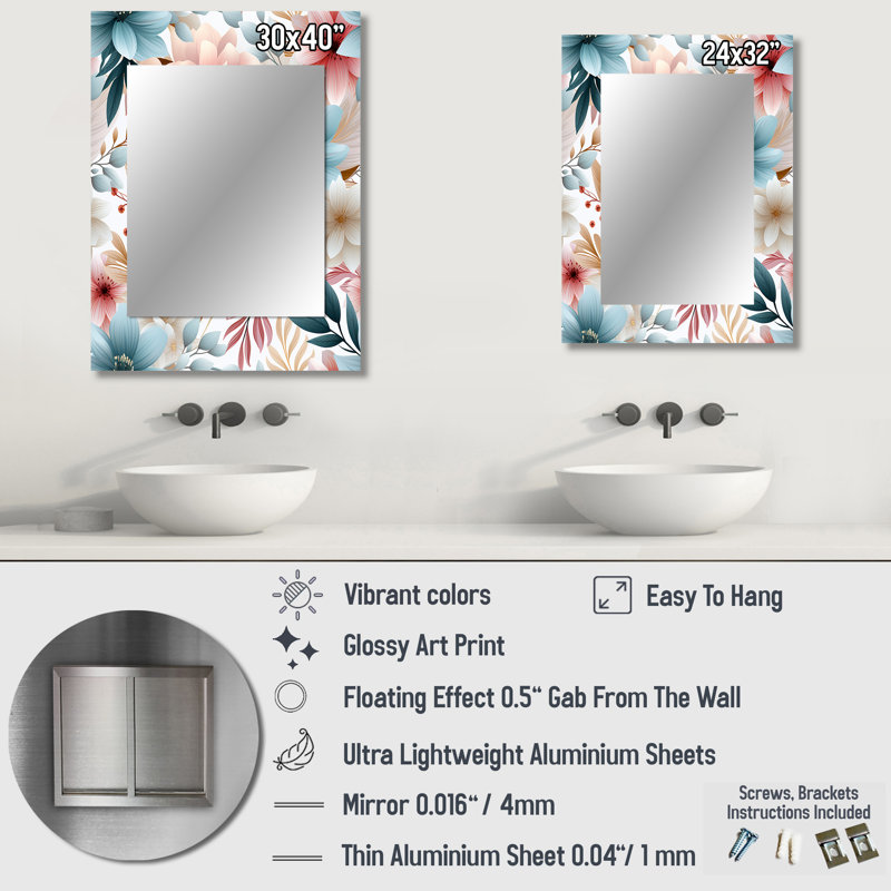 Motif de fleurs bohémiennes pastel Kensingten - miroir floral, miroir mural unique, impression d'art en métal, 32 po x 24 po