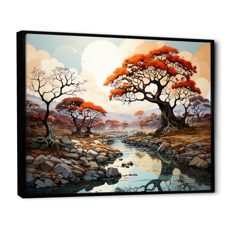 Paysage onirique Baobab II sur toile, Cadre flottant noir, H 34 po x l 44 po x P 1,5 po