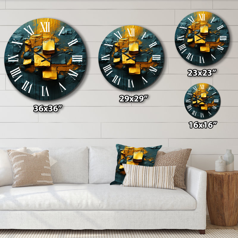 Horloge murale Rough Love Slavic Abstract en jaune et bleu III, Grand