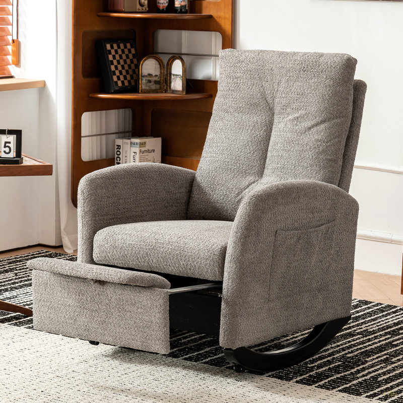 Chaise berçante décorative avec repose-pieds et pieds en bois d'hévéa à haut dossier, Gris