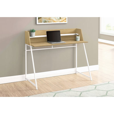Bureau d'ordinateur, bureau personnel, ordinateur portable, tablettes de rangement, L 48 po, travail, stratifié naturel, métal blanc, contemporain, moderne
