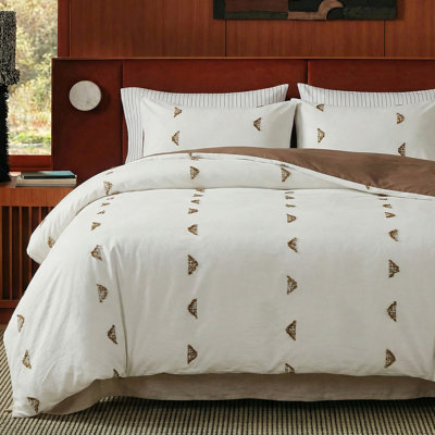 Housse de couette 100% coton touffeté de très grande taille, ensemble de literie brodé Boho avec taies d'oreiller, housse d'édredon en coton naturel respirant doux 3 pièces, design brun neutre minimaliste