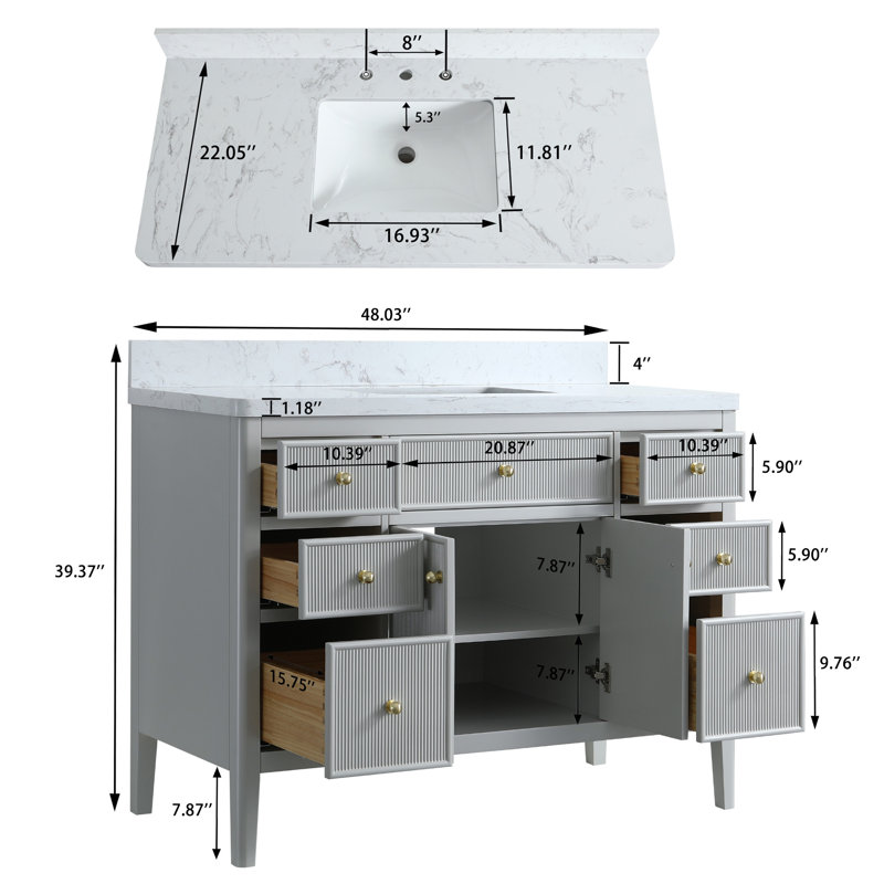 Ensemble de meuble-lavabo autoportant moderne en bois massif 48 po avec plateau en marbre, Gris clair