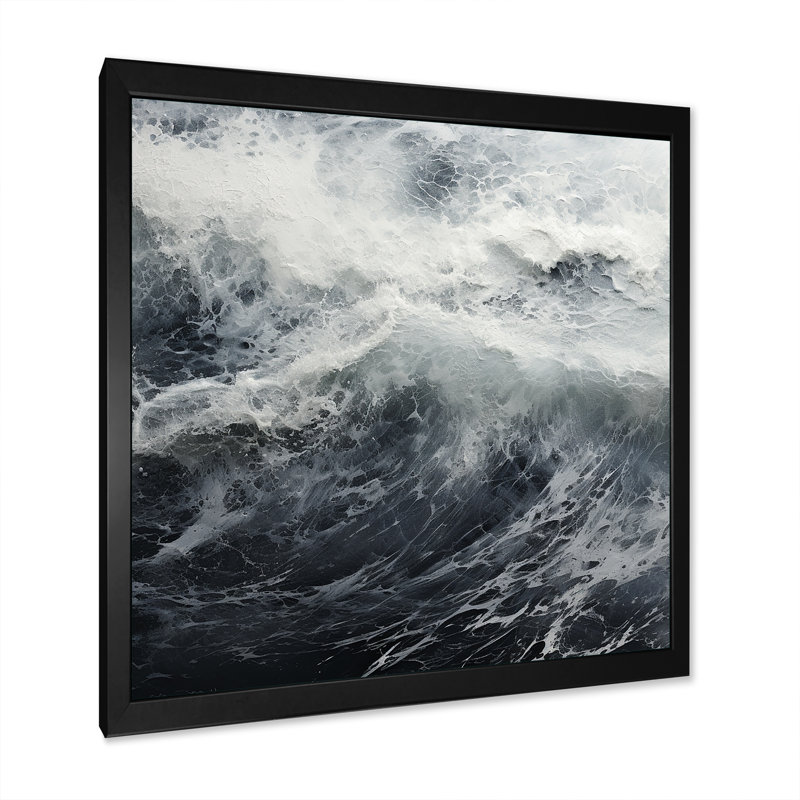 Tempête de vague noire et blanche sur toile, H 36 po x l 36 po x P 1,5 po, Cadre simple noir