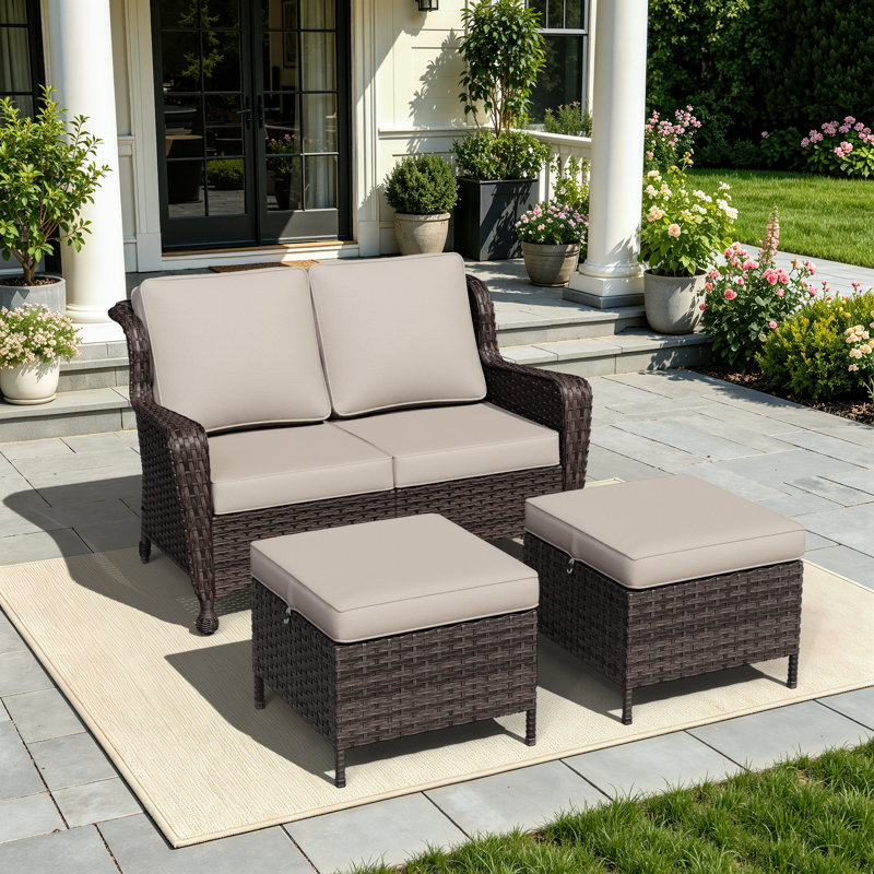 3-Piece Patio PE Wicker Outdoor Conversation Set with Loveseat, 2 Ottomans & Beige Cushions, Beige
