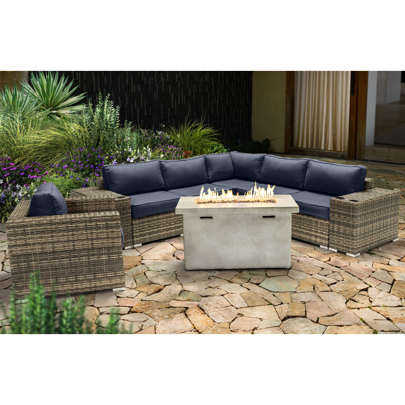Ensemble de conversation modulaire 9 pièces avec coussins Sunbrella et foyer Lsi, Sunbrella bleu marine