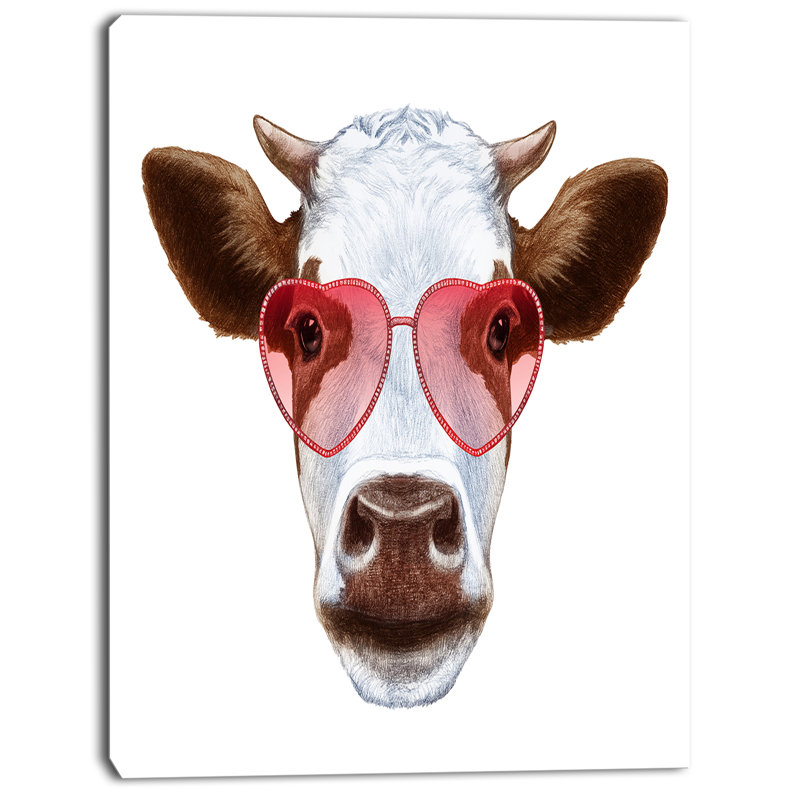 « vache avec verres à coeur rouge », impression, H 20 po x l 12 po x P 1po, Toile tendue