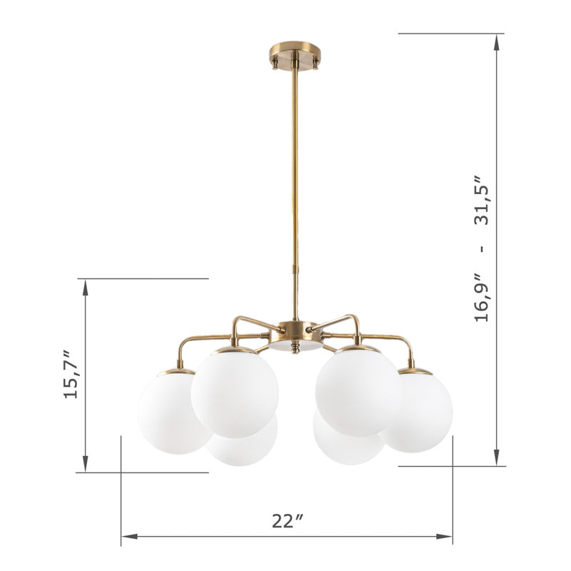 Lustre en métal 6 lumières à hauteur réglable avec capuchon en verre, Rétro
